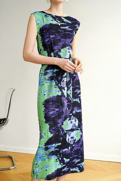 Sleeveless Side Slit Full Pleated Print Dress