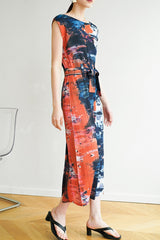 Sleeveless Side Slit Full Pleated Print Dress