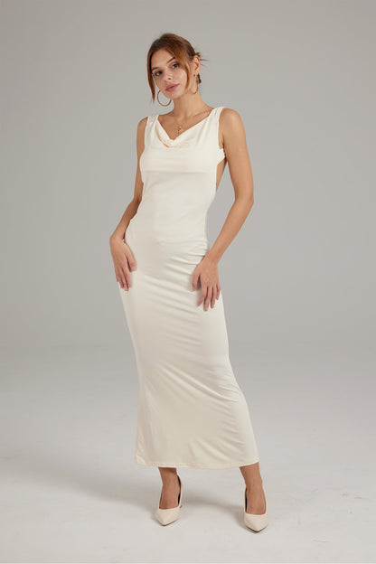 Solid Color Cowl Neck Backless Pack Hip Dress