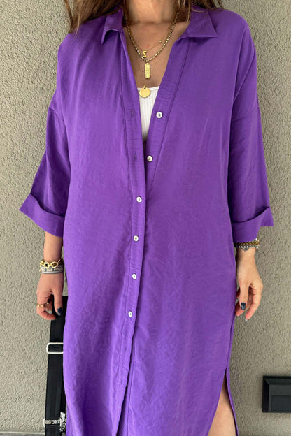 Solid Color Single-breasted Slit Shirt Dress