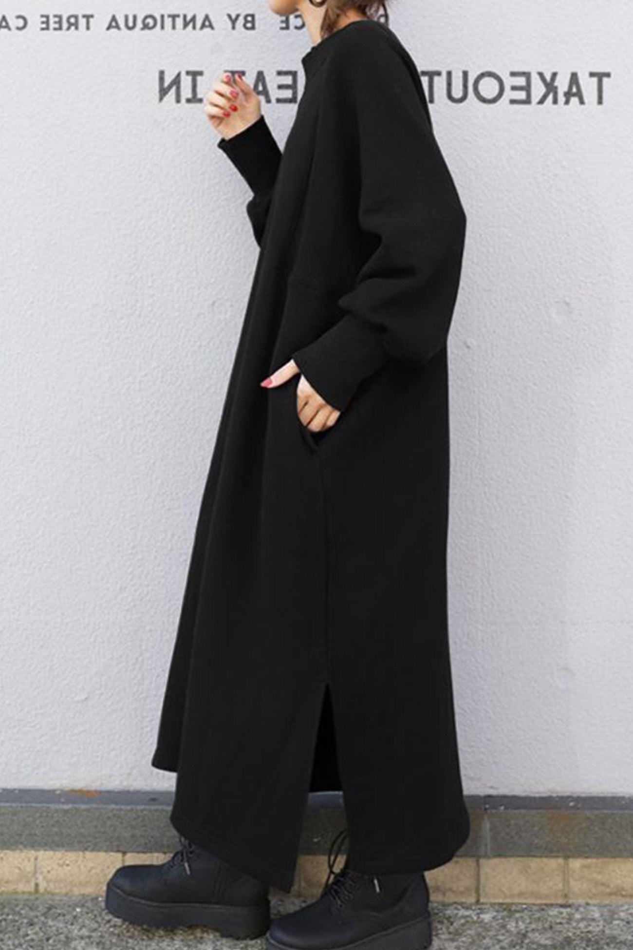 Solid Crew Neck Slit Sweatshirt Dress