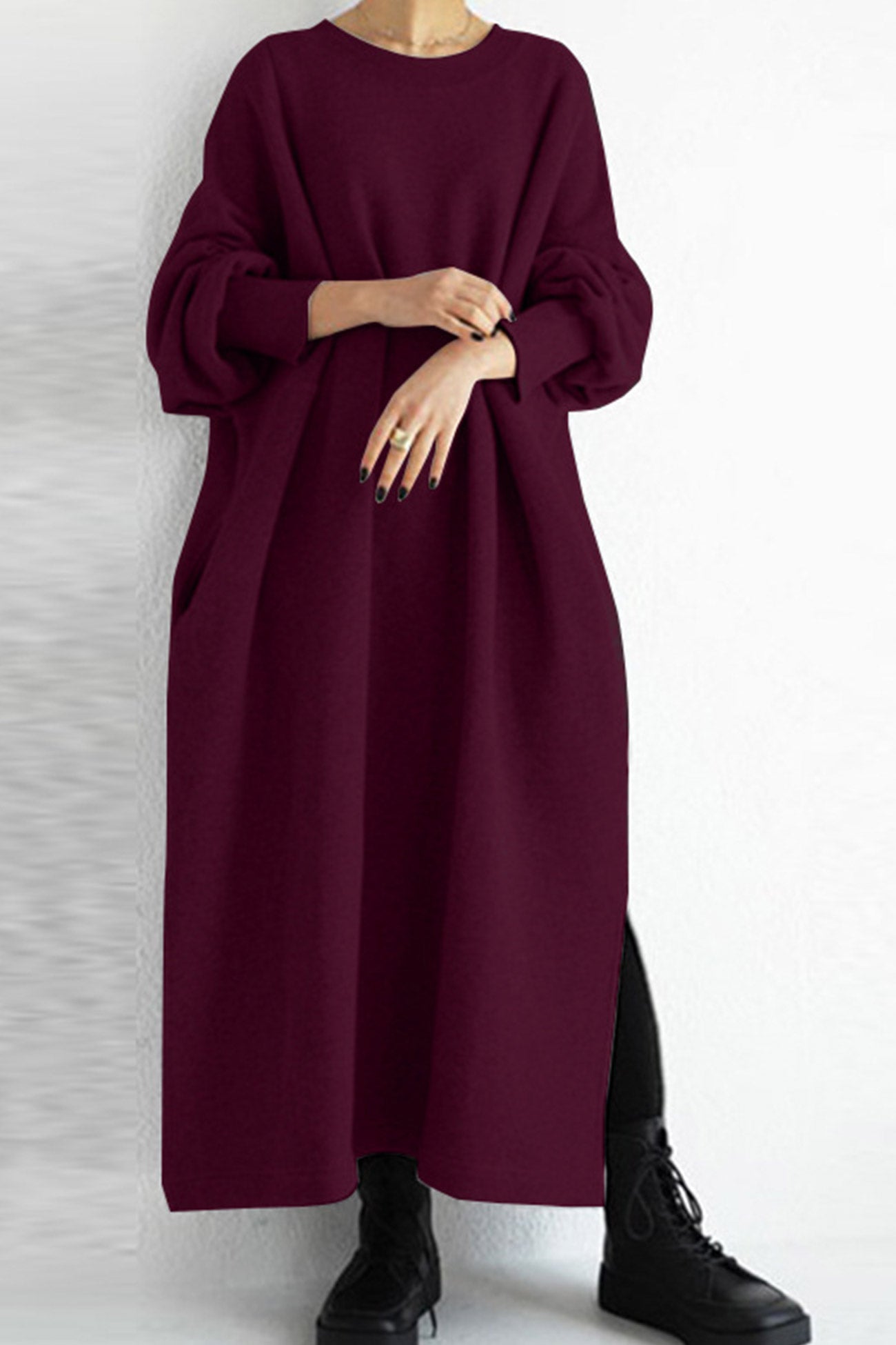 Solid Crew Neck Slit Sweatshirt Dress