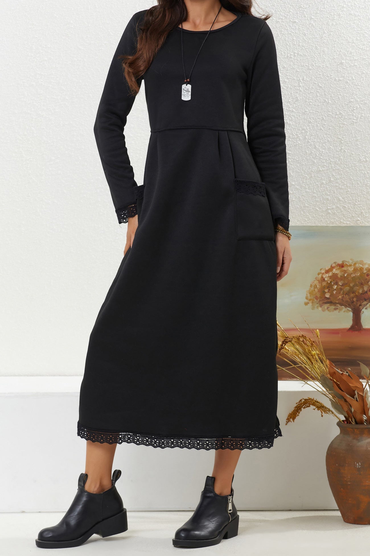 Solid Pocketed Lacework Hem Dress