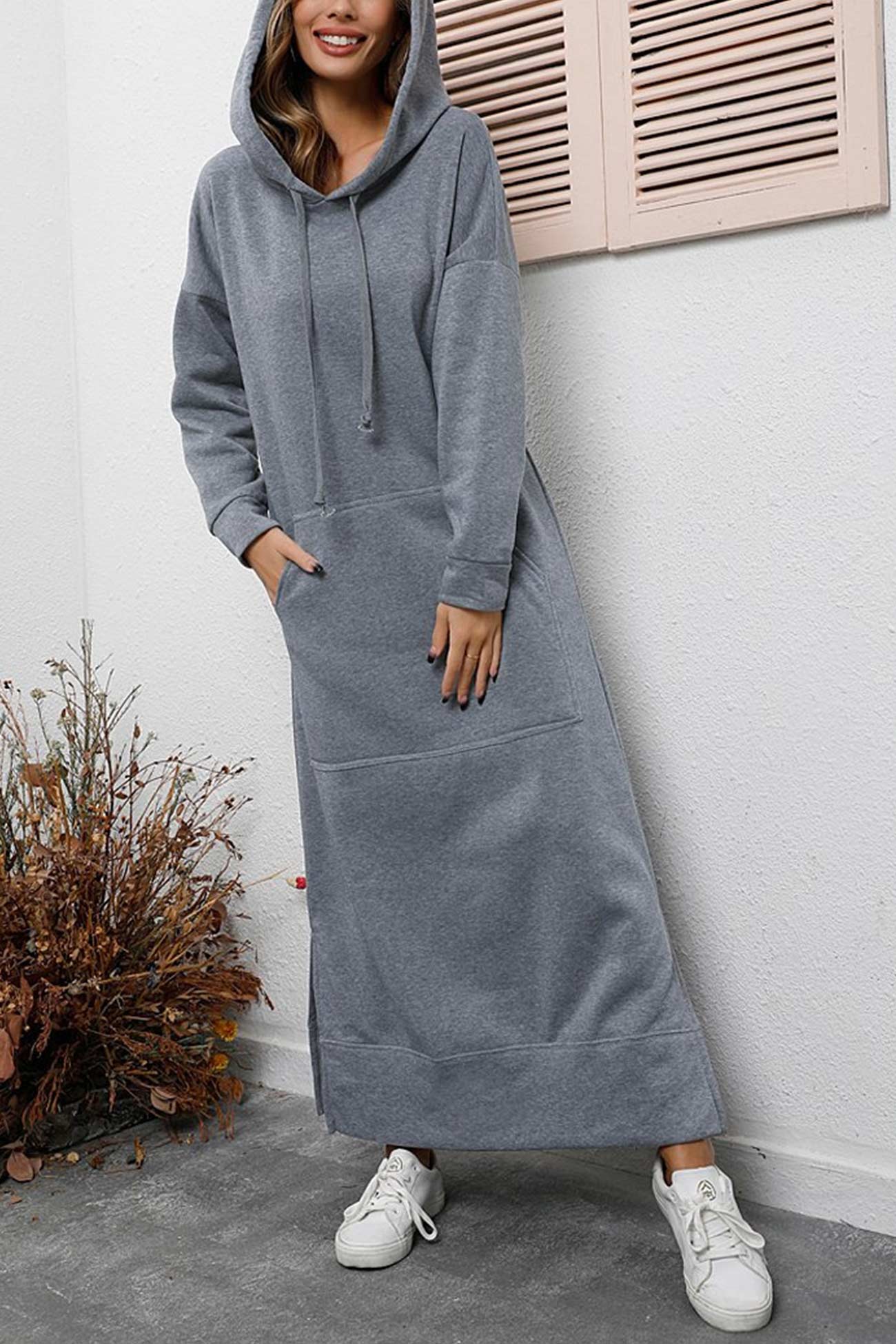 Solid Pocketed Slit Hem Hoodie Dress