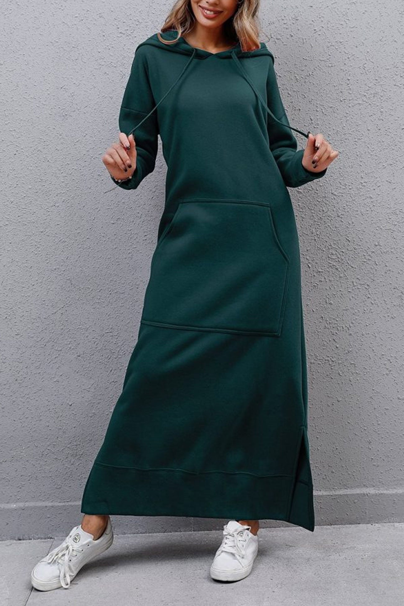 Solid Pocketed Slit Hem Hoodie Dress