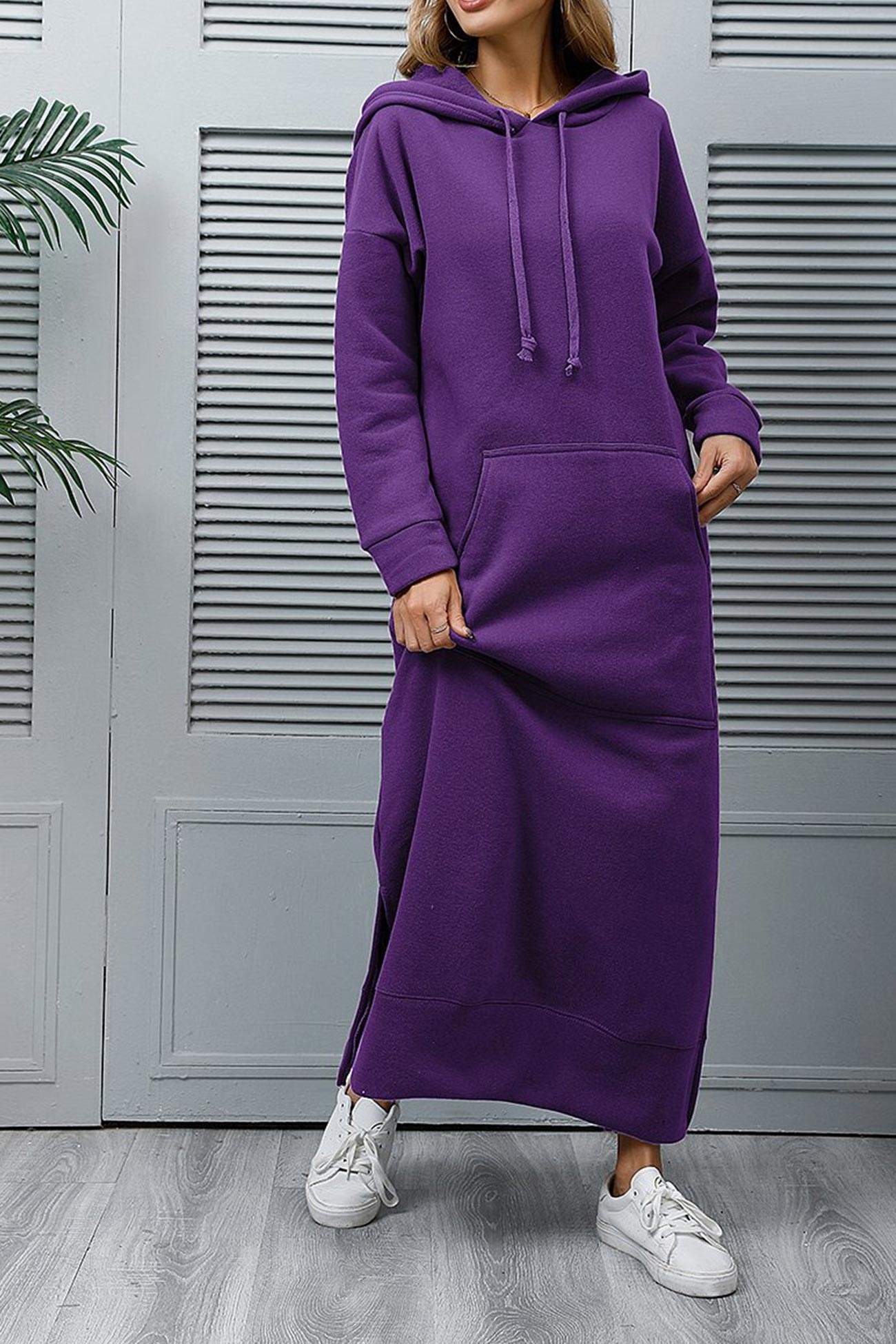 Solid Pocketed Slit Hem Hoodie Dress