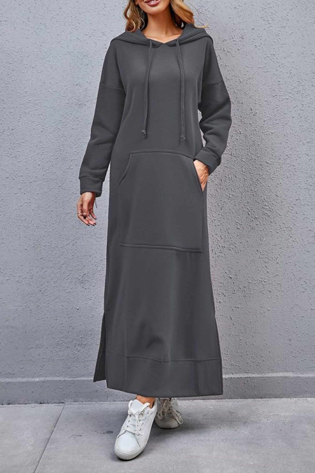 Solid Pocketed Slit Hem Hoodie Dress