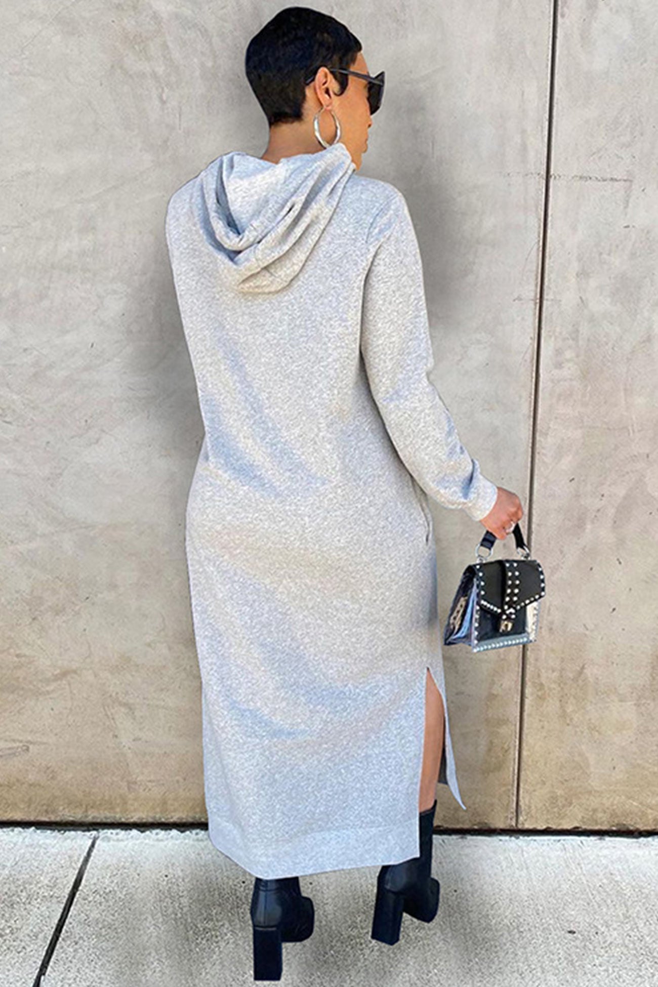 Solid Slit Hem Hoodie Dress