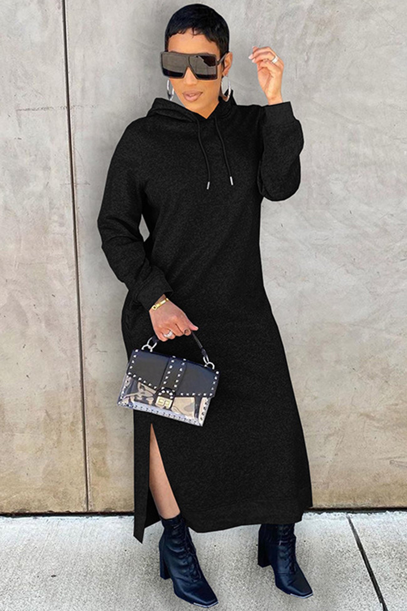 Solid Slit Hem Hoodie Dress