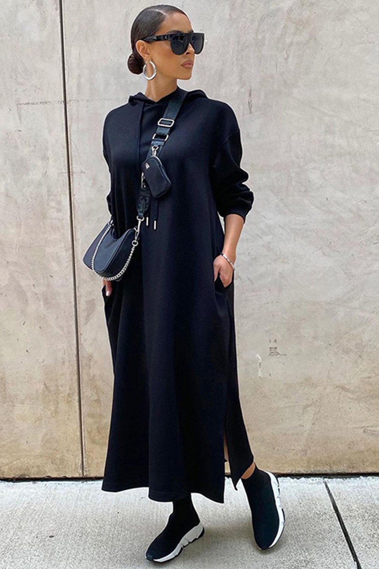 Solid Slit Hem Hoodie Dress