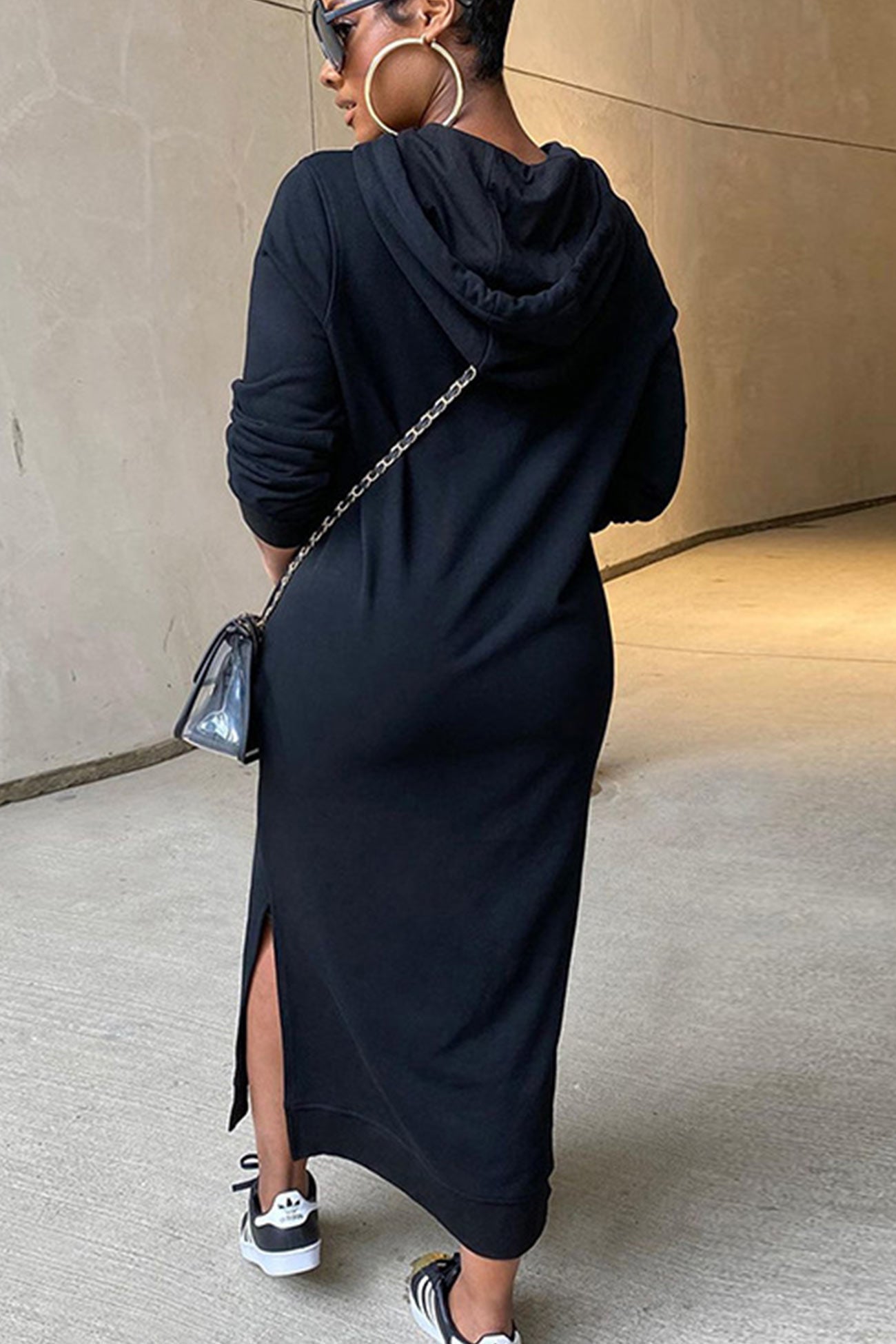 Solid Slit Hem Hoodie Dress