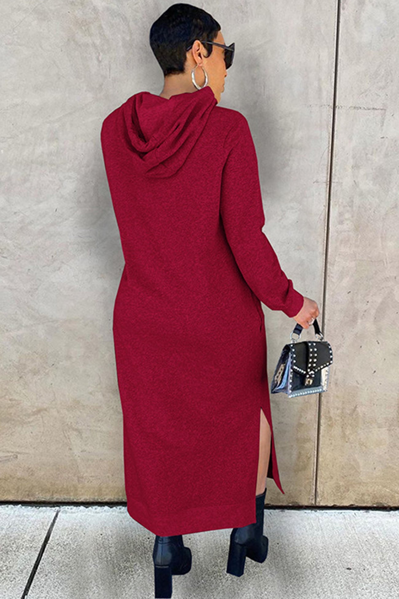 Solid Slit Hem Hoodie Dress