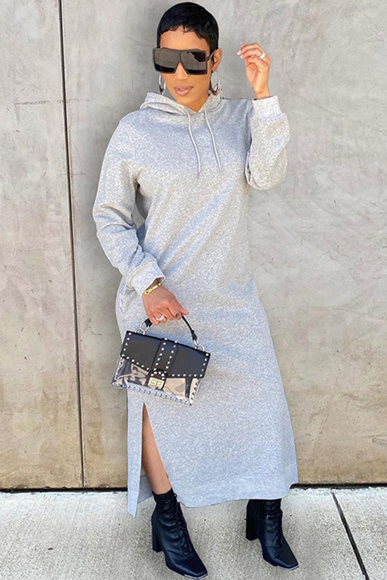 Solid Slit Hem Hoodie Dress