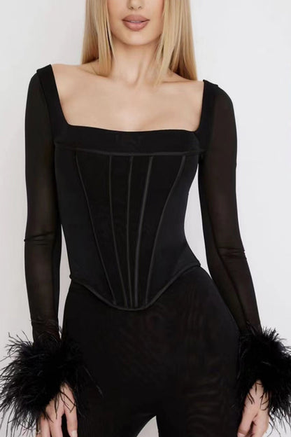Square Neck Corset Fuzzy Crop Top