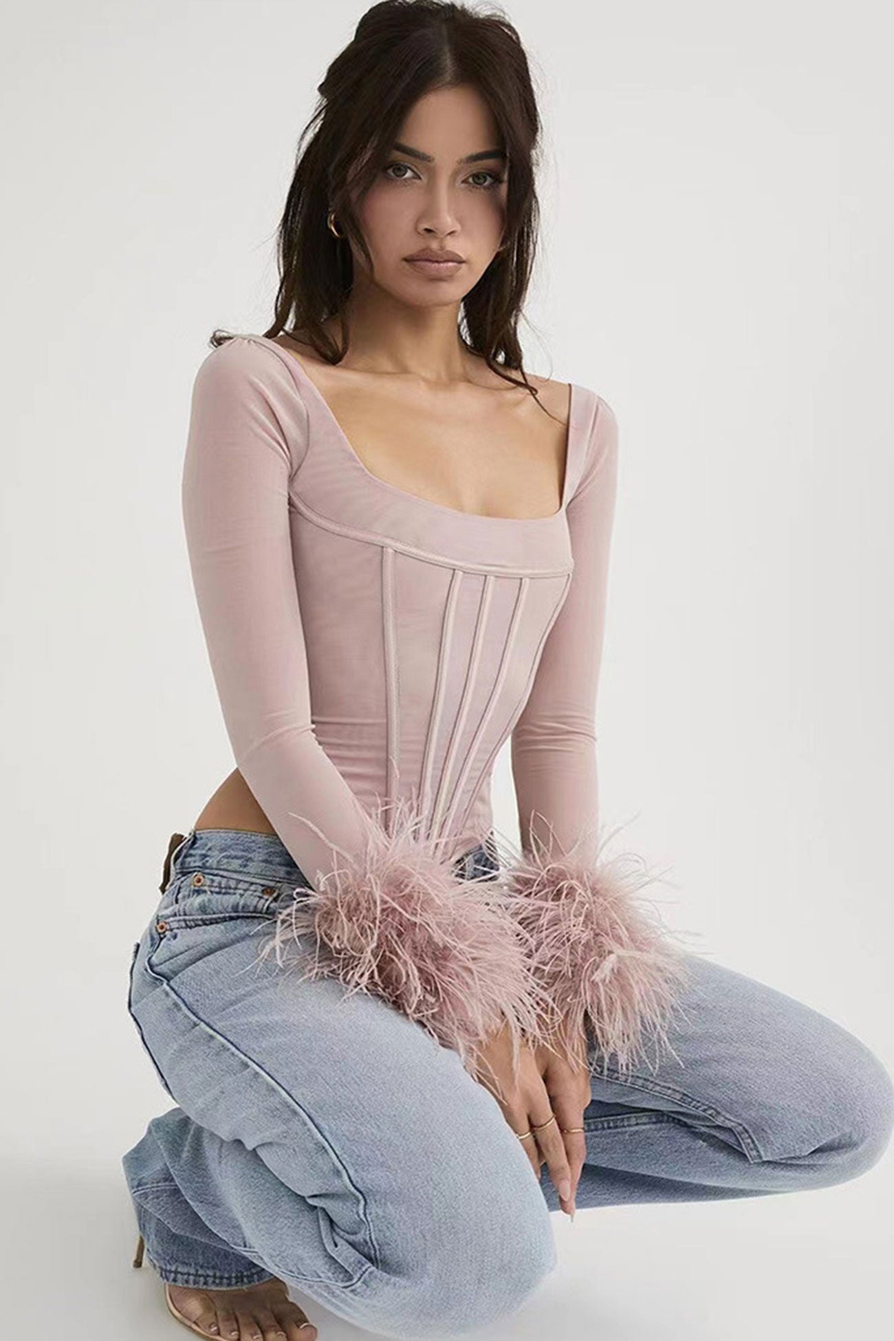 Square Neck Corset Fuzzy Crop Top