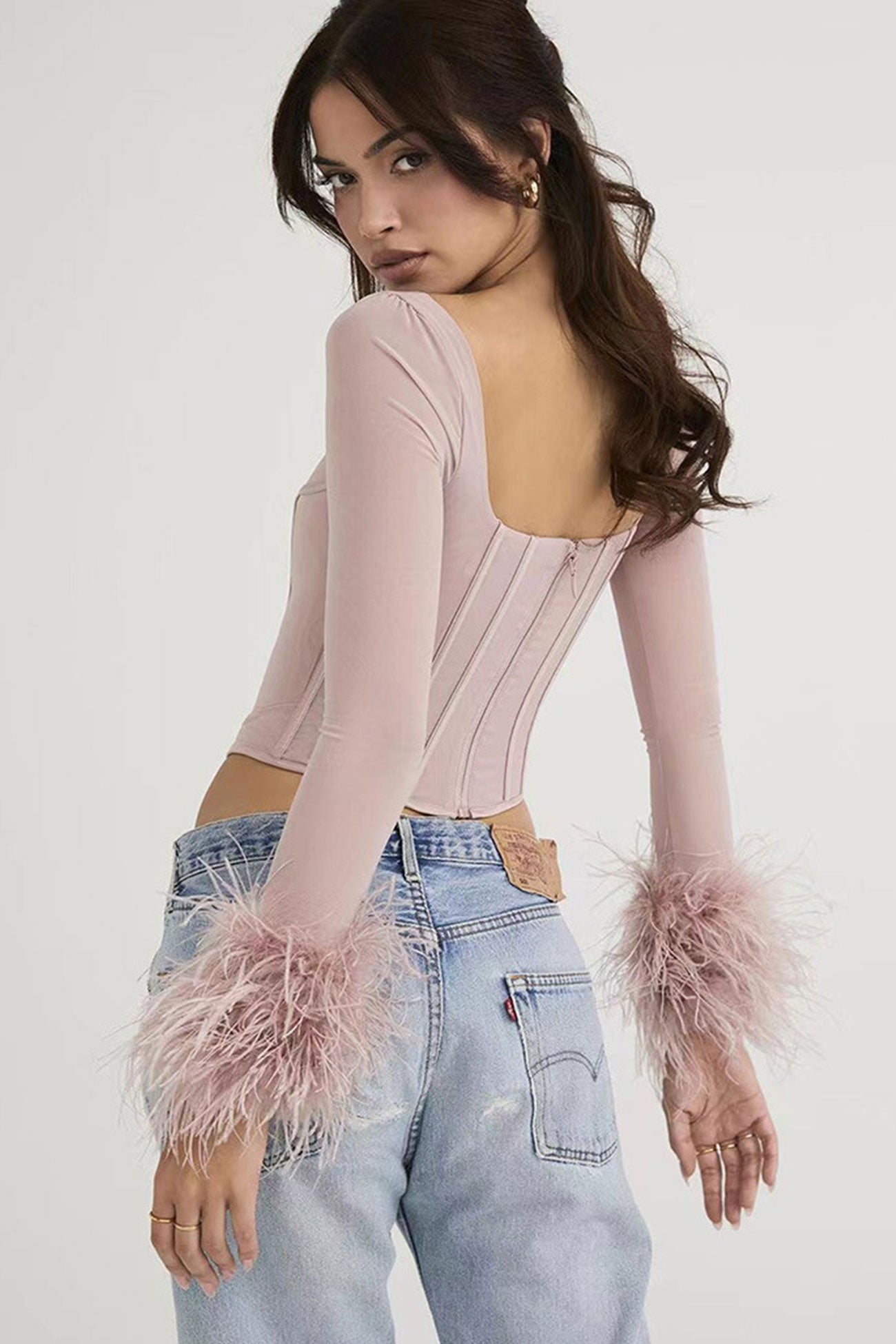 Square Neck Corset Fuzzy Crop Top