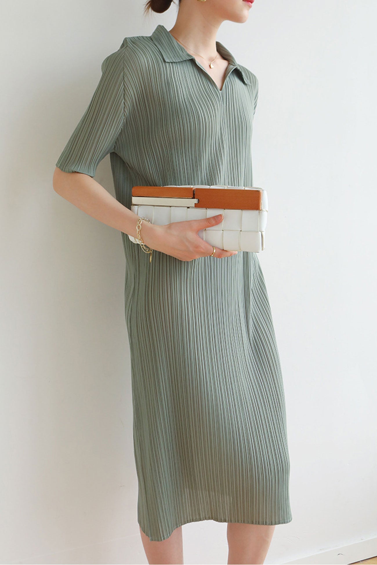 Striped Polo Neck Full Pleated Dress