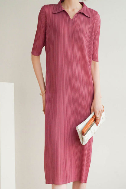 Striped Polo Neck Full Pleated Dress