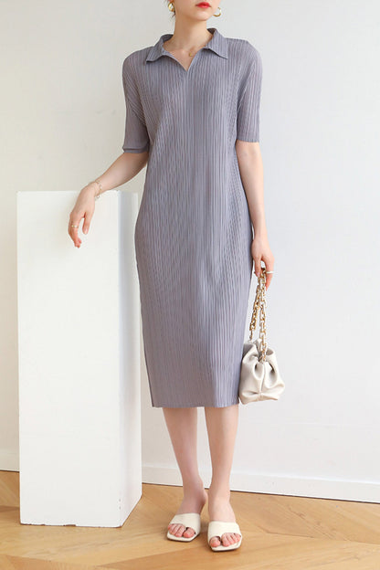 Striped Polo Neck Full Pleated Dress