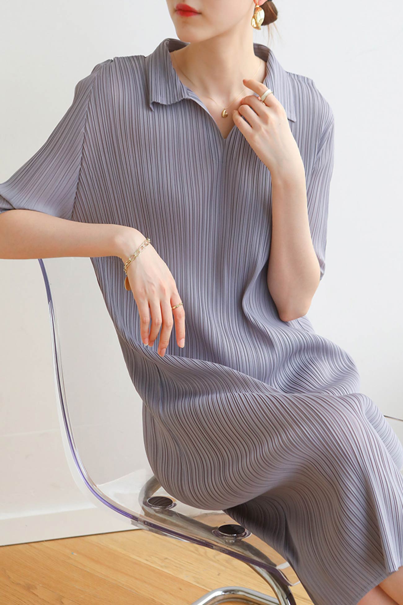 Striped Polo Neck Full Pleated Dress