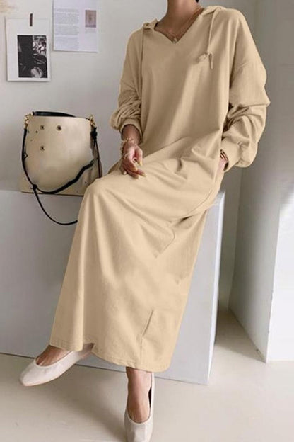 V Neck Drawstring Hooded Dress