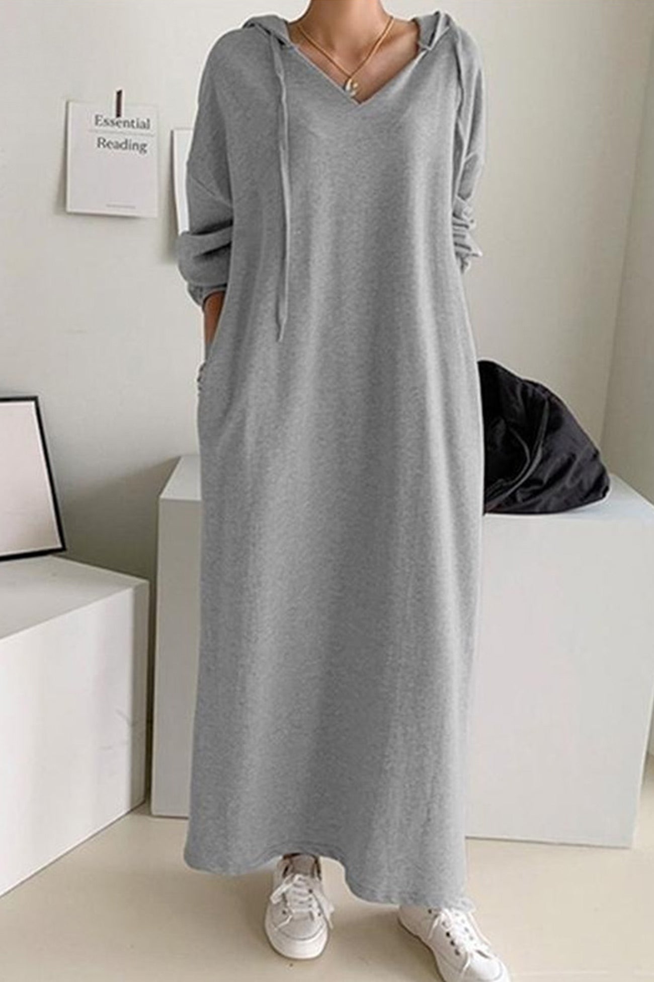 V Neck Drawstring Hooded Dress