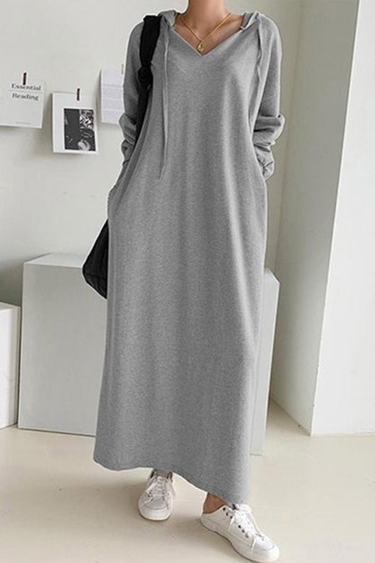 V Neck Drawstring Hooded Dress