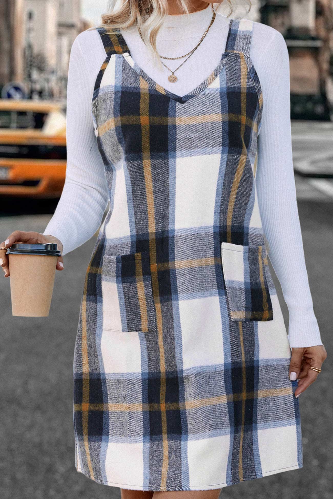 V Neck Plaid Tank Dress