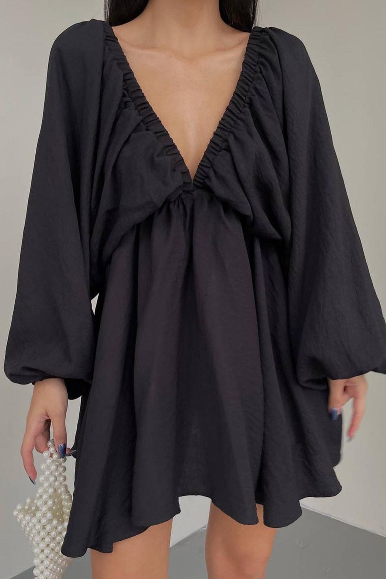 V Neck Puff Sleeve Ruched Dress