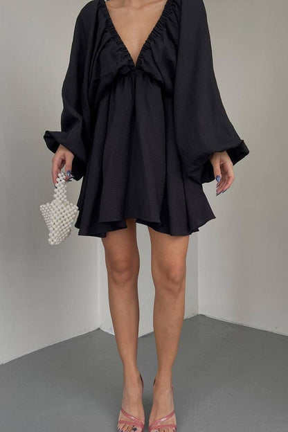 V Neck Puff Sleeve Ruched Dress