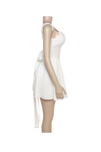 White Backless Tie-back Ruched Dress