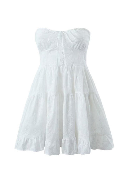 White Lace Tie-up Strapless Tiered Dress