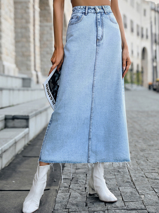 Raw Hem Midi Denim Skirt Misty Blue bottoms clothes denim skirts midi skirts Ship From Overseas Shipping Delay 09/29/2023 - 10/01/2023 skirt skirts Women's Bottoms Y@X@N@H