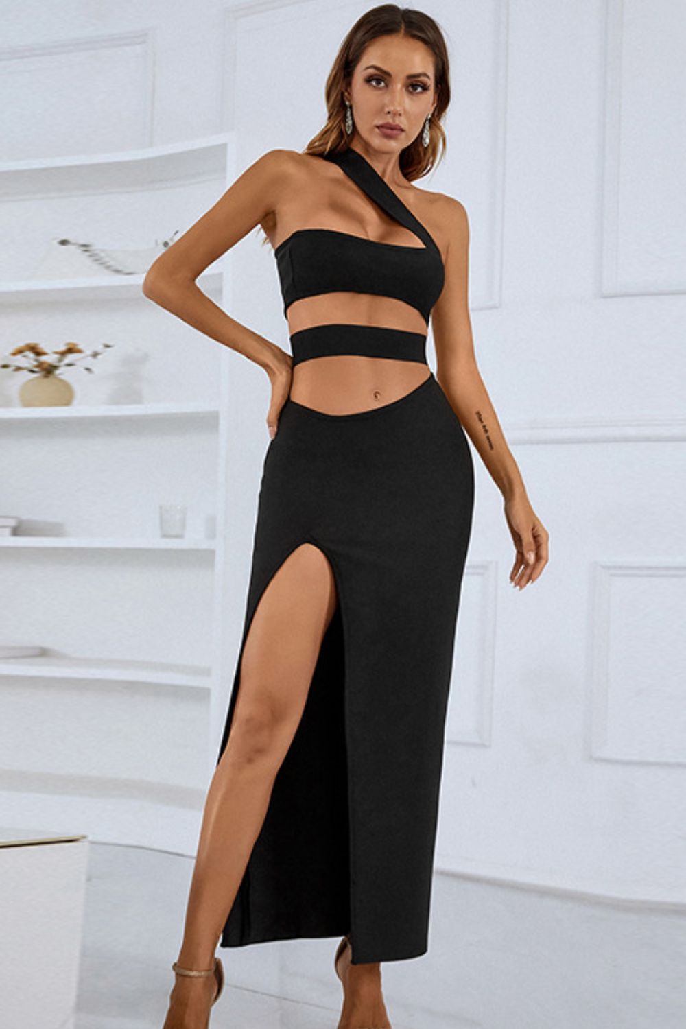 One-Shoulder Sexy Cutout Front Split Maxi Dress Black body con clothes cocktail dresses cut out dresses dress dresses evening dress evening dresses maxi dress maxi dresses midi dress midi dresses NF Ship From Overseas trend