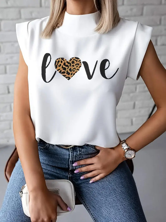 White Leopard Letter Print Casual Mock Neck T-Shirt