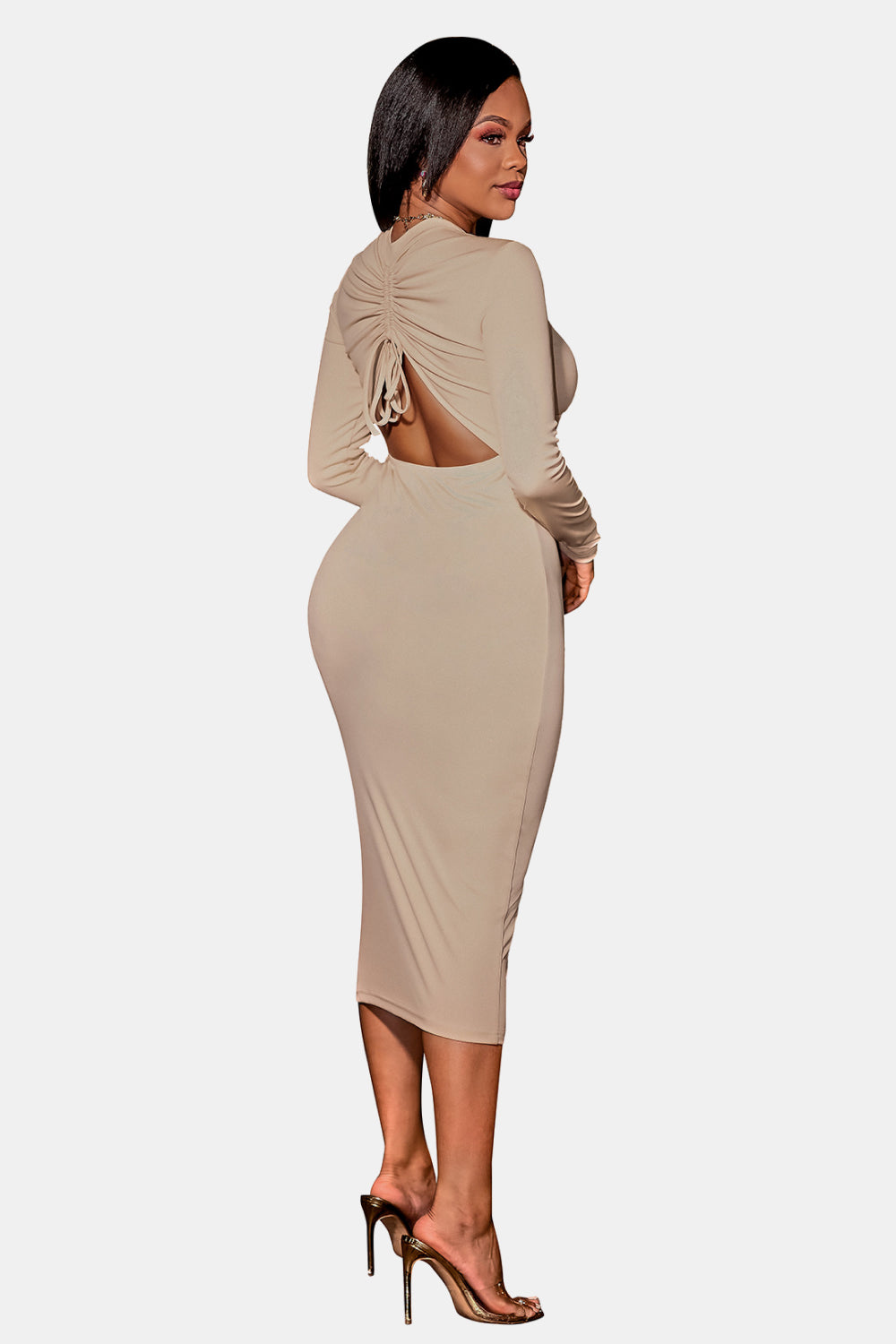 Zip Up Cutout Drawstring Detail Midi Bodycon Dress