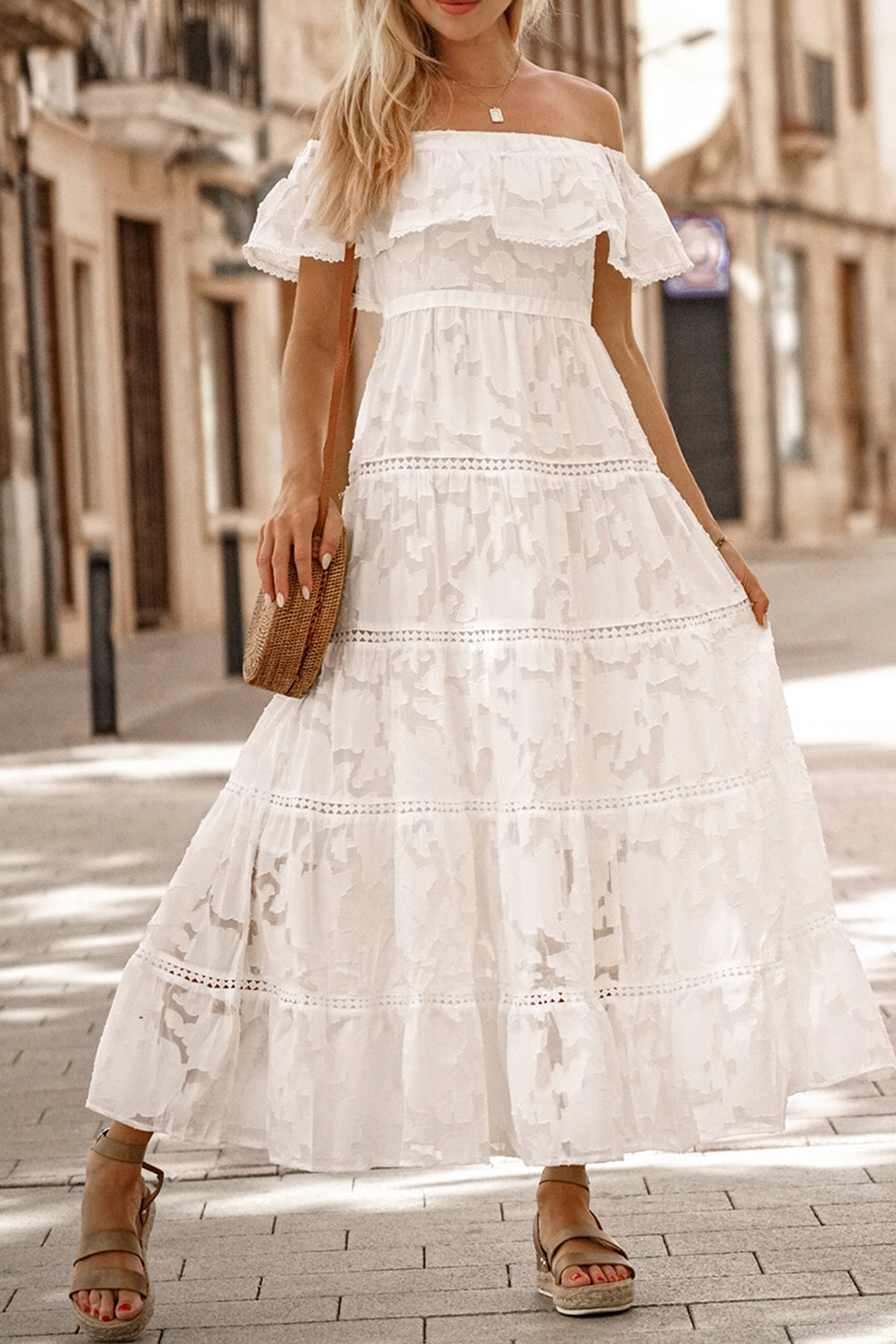 White Off-the-shoulder Ruffled Lace Maxi Dress