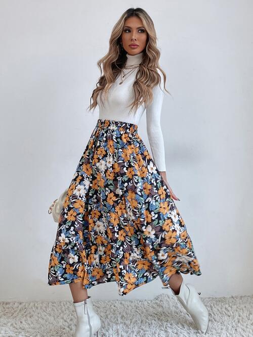 Printed Ruffle Hem Midi Skirt Floral bottoms clothes midi skirts Ship From Overseas skirt skirts Women's Bottoms Y@X@N@H