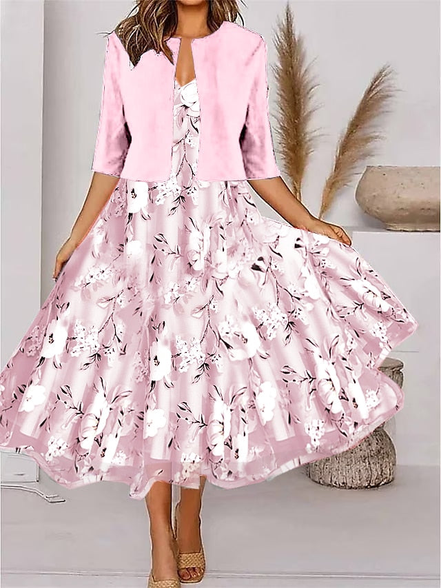 CityHottie - Women's Two Piece Dress Set Casual Dress Chiffon Dress Outdoor Daily Fashion Elegant Print Midi Dress V Neck Half Sleeve Floral Regular Fit Black Pink Gray Summer Spring S M L XL XXL