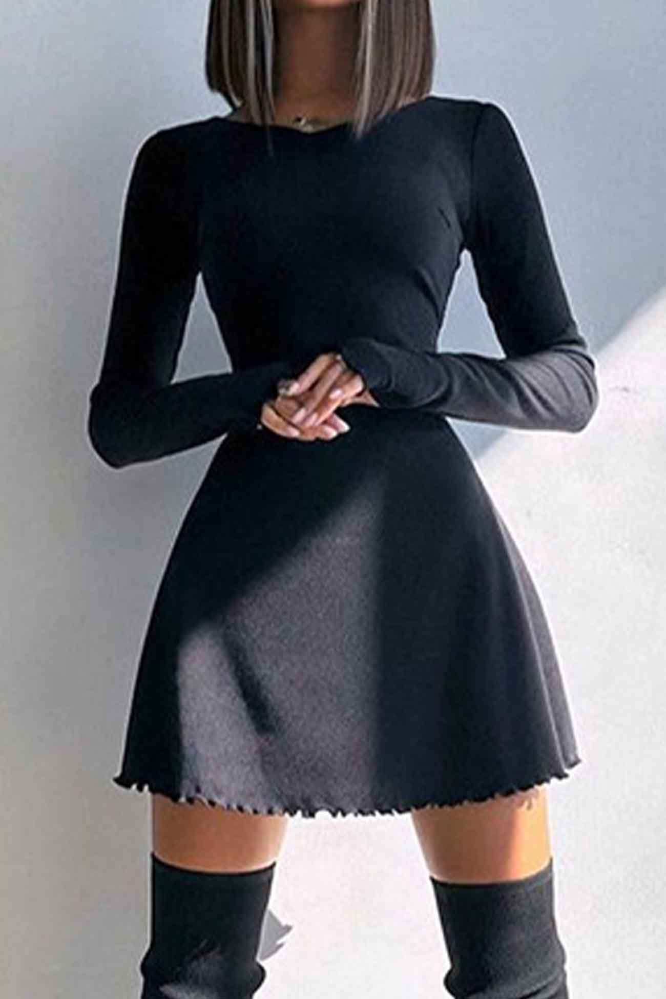 Crew Neck Back Strap Long Sleeve Mini Dress