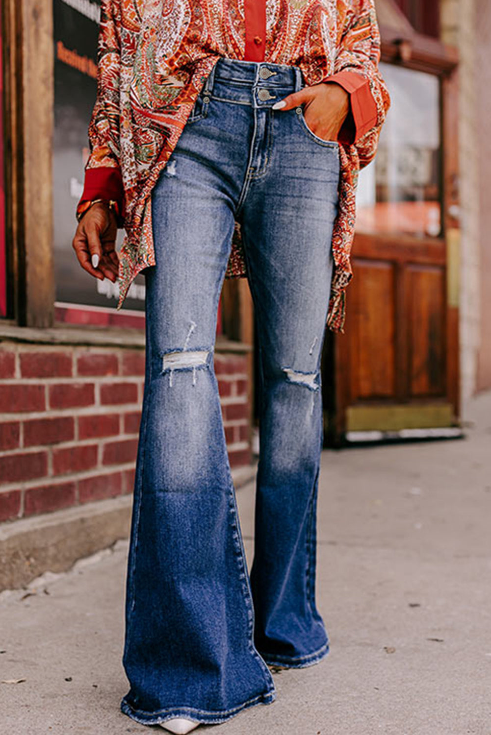 Sky Blue Button Fly Ripped High Waist Flare Jeans Sky Blue 65%Cotton+33%polyester+2%Elastane All In Stock Best Sellers bottoms clothes Color Blue Craft Distressed Fabric Denim Flare Jeans Jeans Occasion Daily pants Print Solid Color Season Fall & Autumn Silhouette Flare Style Western