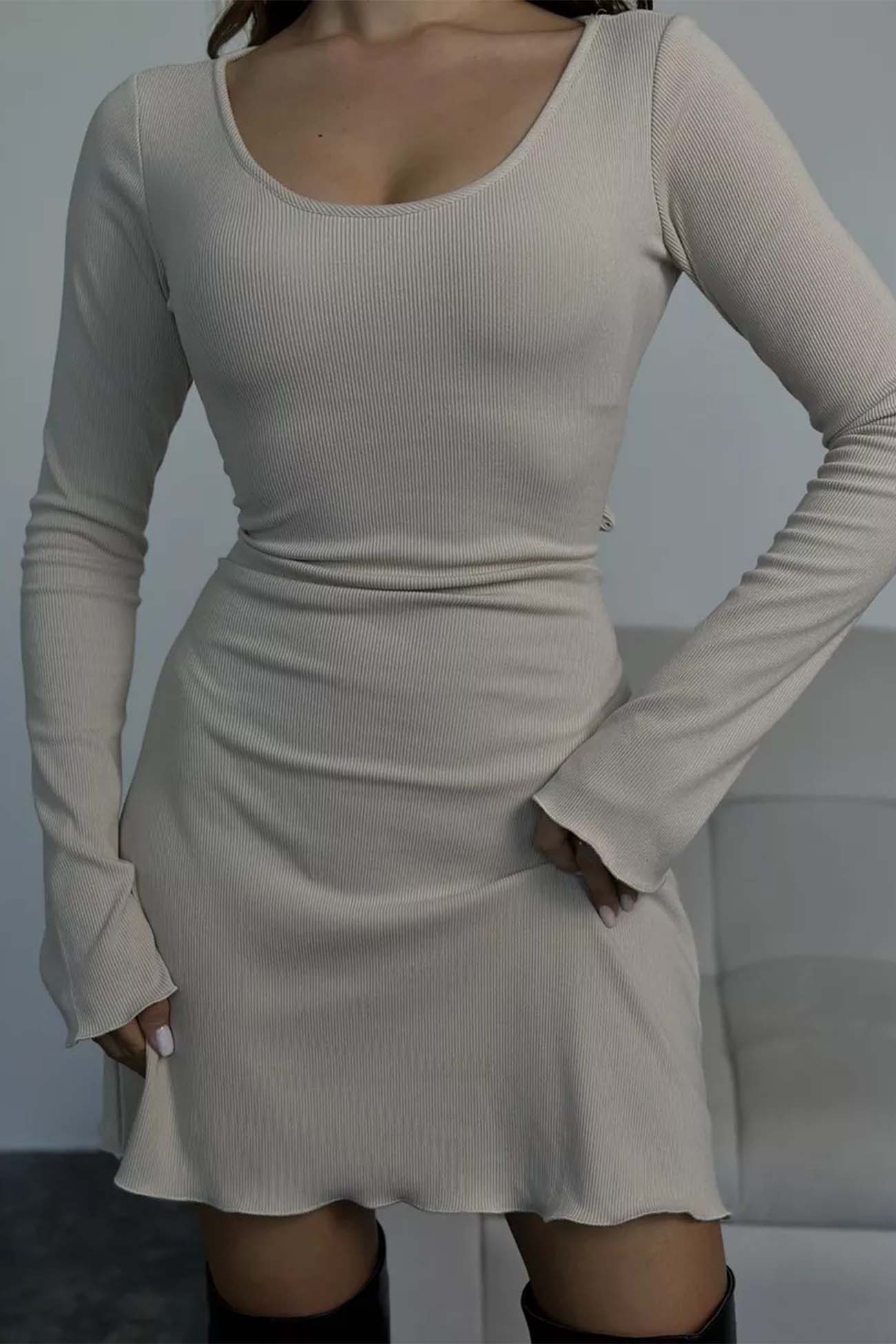 Solid Color Tie-Back Knitted Mini Dress