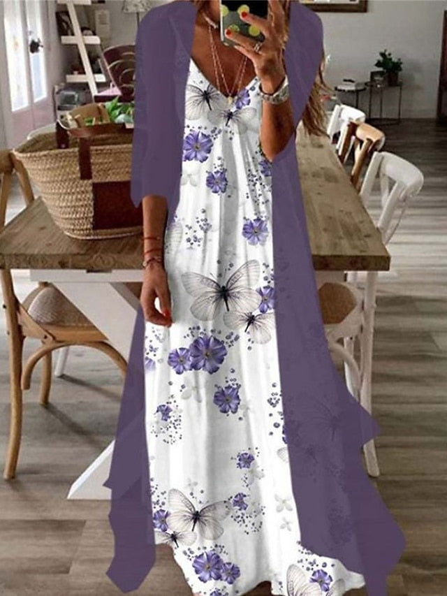 CityHottie - Women's Casual Dress Dress Set Two Piece Dress Long Dress Maxi Dress Purple Brown Green Half Sleeve Flower Print Summer Spring V Neck Fashion Vacation 2024 S M L XL XXL 3XL