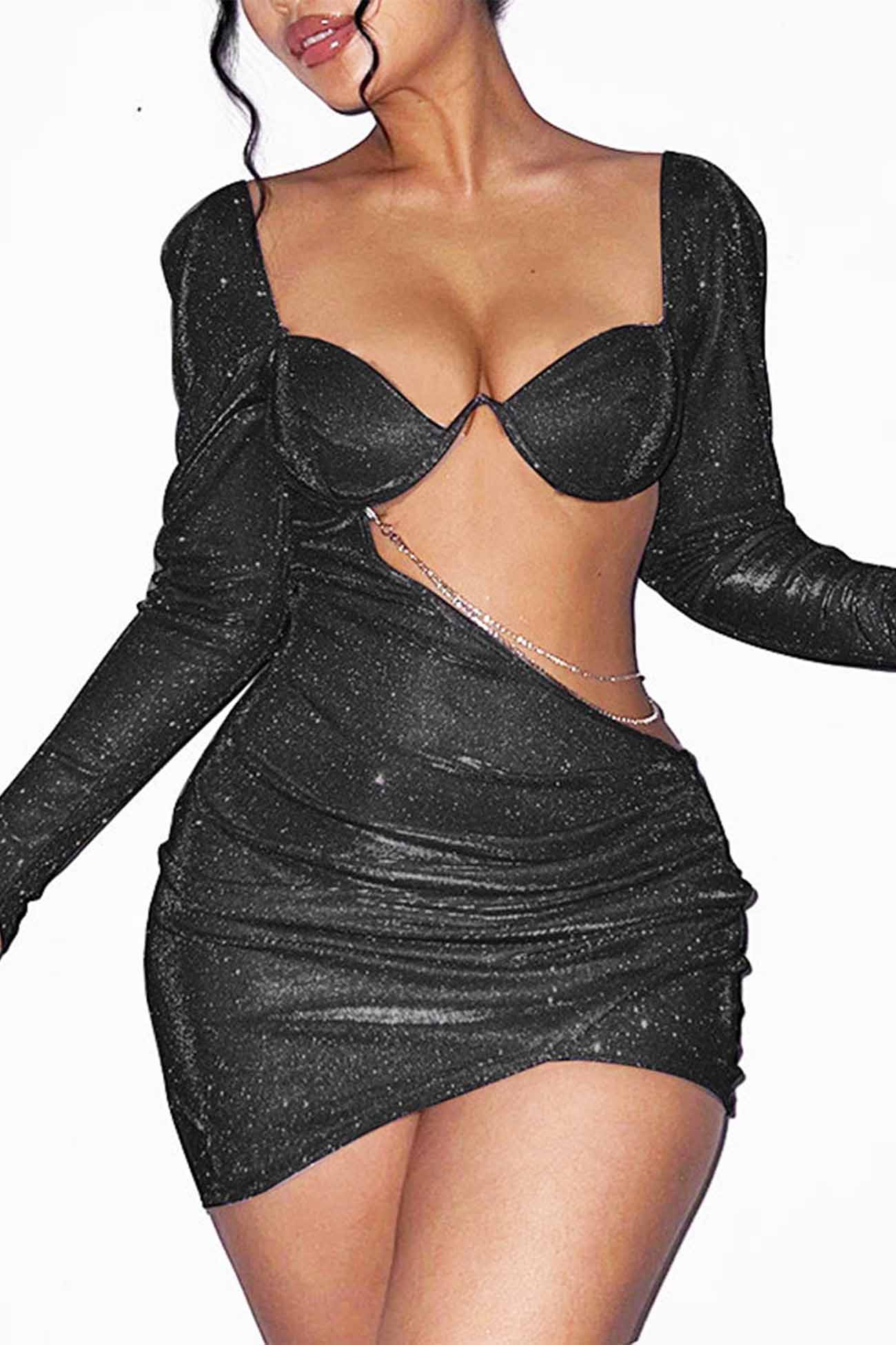 Hollow Glitter Chain Long Sleeve Ruched Mini Dress