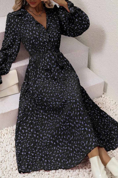 Floral Tie Wasit Long Sleeve Pleated Midi Dress