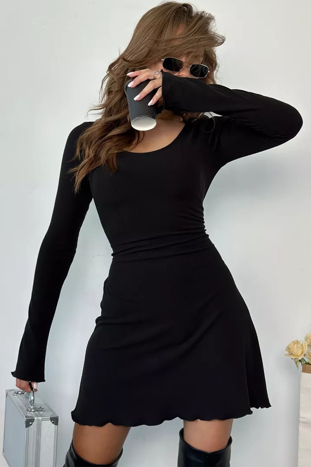 Solid Color Tie-Back Knitted Mini Dress