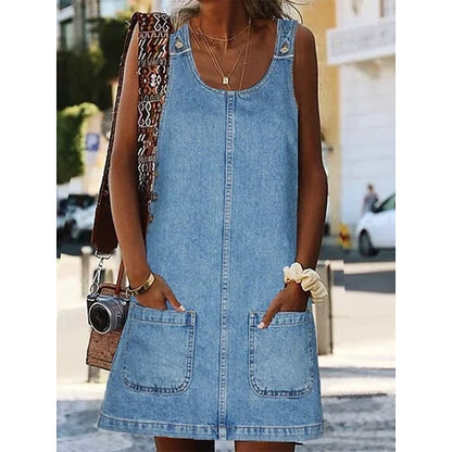 CityHottie - Women's Casual Dress Shift Dress Denim Overall Pinafore Dress Mini Dress Denim Fashion Modern Outdoor Daily Vacation U Neck Pocket Sleeveless Summer Spring 2024 Regular Fit Black Blue Gray Plain S M