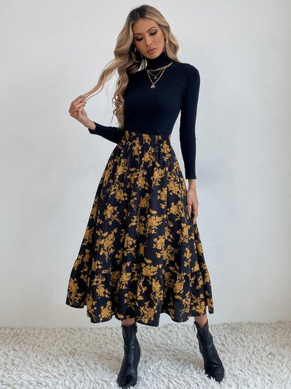 Printed Ruffle Hem Midi Skirt Black bottoms clothes midi skirts Ship From Overseas skirt skirts Women's Bottoms Y@X@N@H