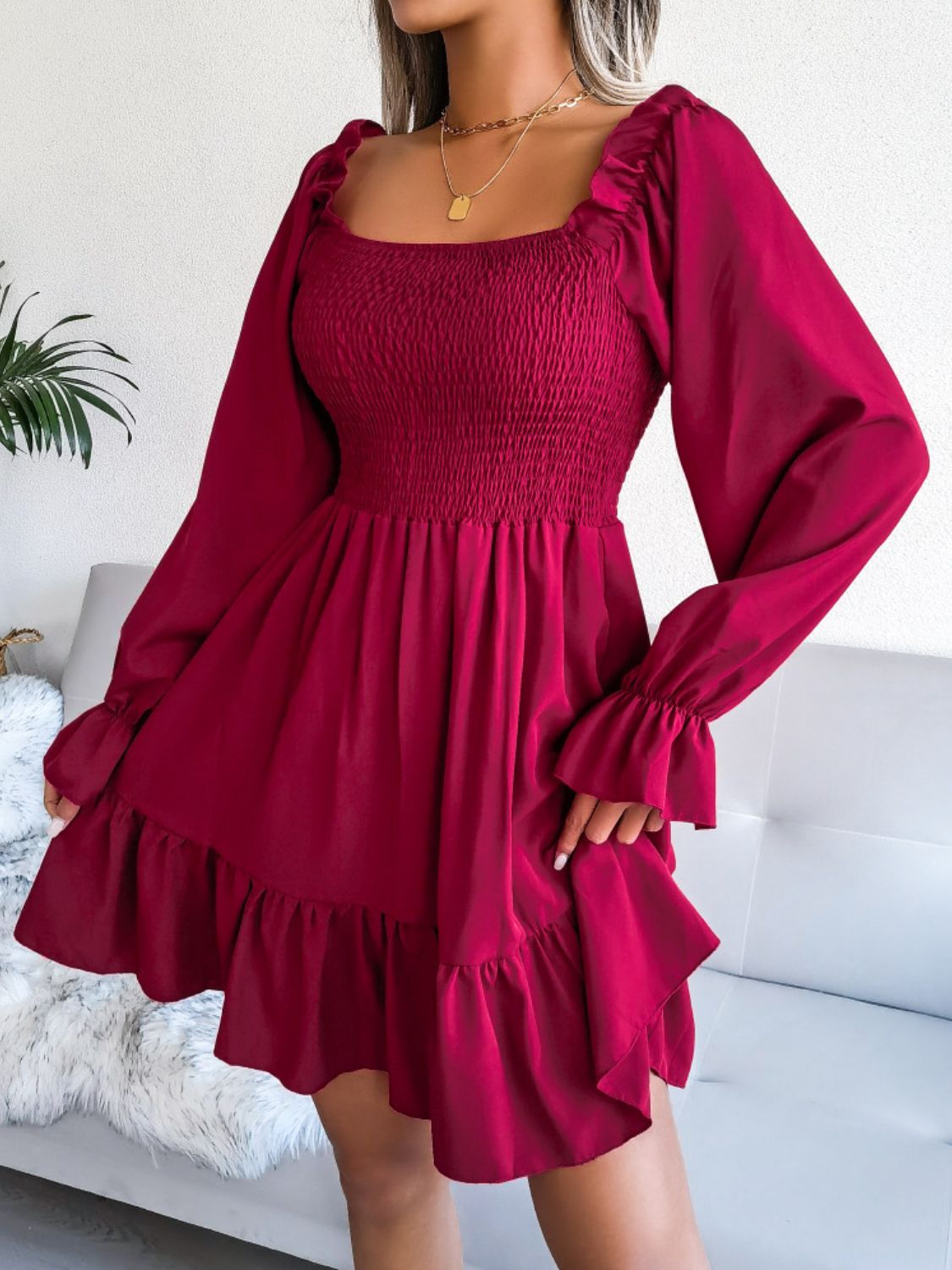 Smocked Flounce Sleeve Square Neck Dress Wine B.J.S casual dress casual dresses clothes dresses Hundredth long sleve dresses midi dresses Ship From Overseas trend trends