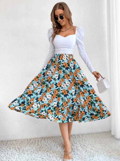 Printed Ruffle Hem Midi Skirt Turquoise bottoms clothes midi skirts Ship From Overseas skirt skirts Women's Bottoms Y@X@N@H